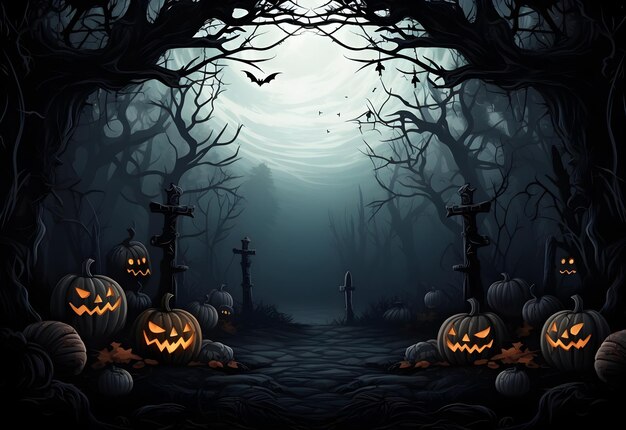 Maquete mística de floresta escura de Halloween com decorações jackolantern de abóboras e fundo assustador AI gerada