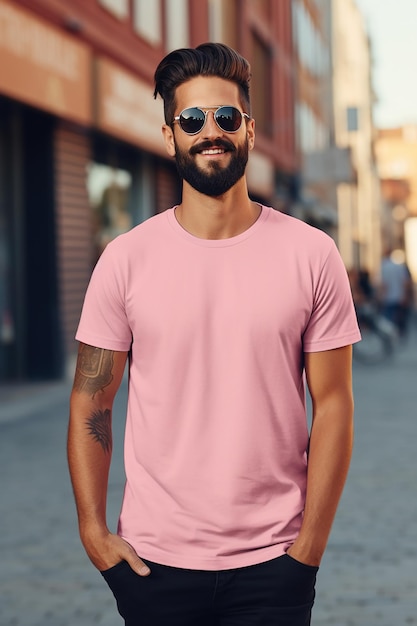 maquete mostrando uma camiseta rosa com um usuário vestindo-a