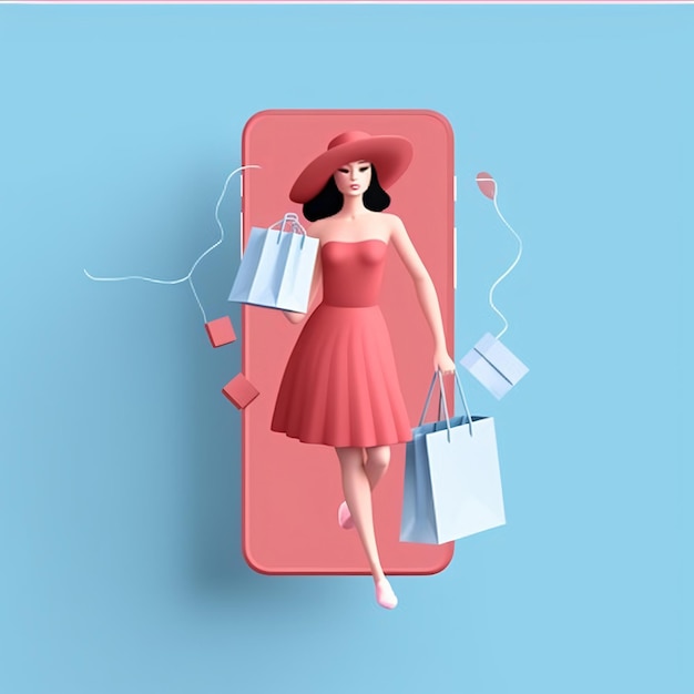 Maquete móvel de uma compradora com um vestido e com o conceito de comércio eletrônico de sacolas de compras