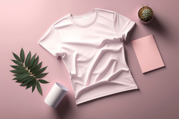 Maquete plana leiga fundo rosa claro mulheres rosa camiseta em branco