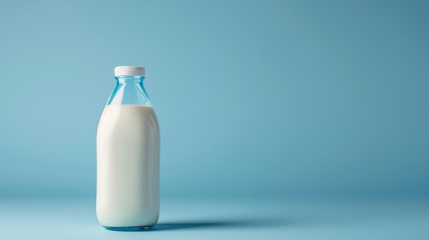 Foto maquete realista de bebida de leite garrafa transparente com leite branco sobre fundo azul