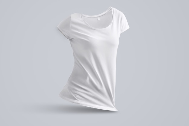 Maquete universal com forma da camiseta feminina em branco, sem corpo isolado no fundo cinza, vista frontal. Modelo para seu design ou logotipo.