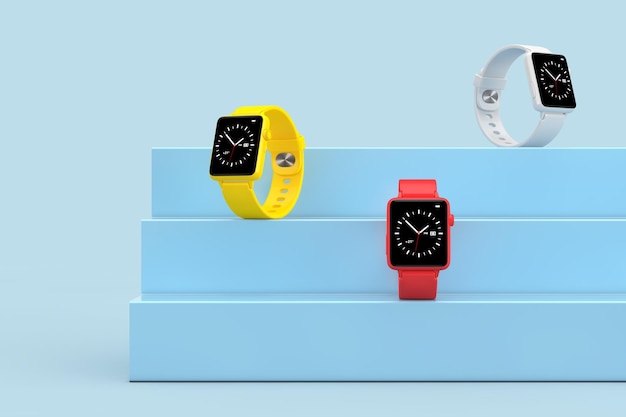 Maquetes de relógios inteligentes modernos amarelos e vermelhos em uma renderização em 3d de cubo de pódio de apresentação de produto azul