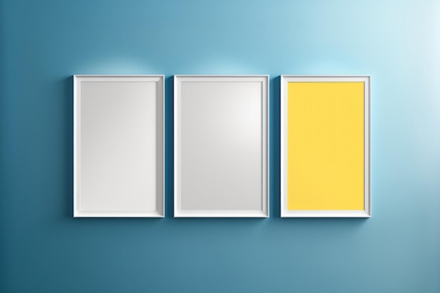 Maquetes de três pôsteres brancos com reflexo em um fundo azul e amarelo