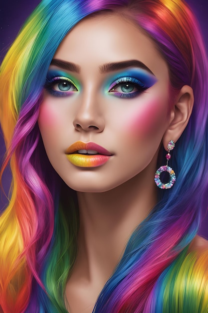 maquiagem de arco-íris e penteado em um retrato detalhado de uma jovem
