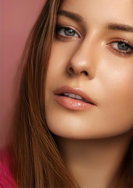 Maquiagem de beleza e cosméticos para a pele modelo rosto retrato em fundo rosa mulher bonita com maquiagem natural perfeito brilho de pele saudável cuidados faciais