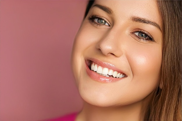 Maquiagem de beleza e cosméticos para a pele modelo rosto retrato em fundo rosa mulher sorridente com maquiagem natural dentes saudáveis perfeitos cuidados dentários