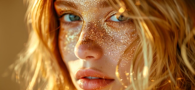 Maquiagem de brilho dourado no rosto da mulher com luz quente