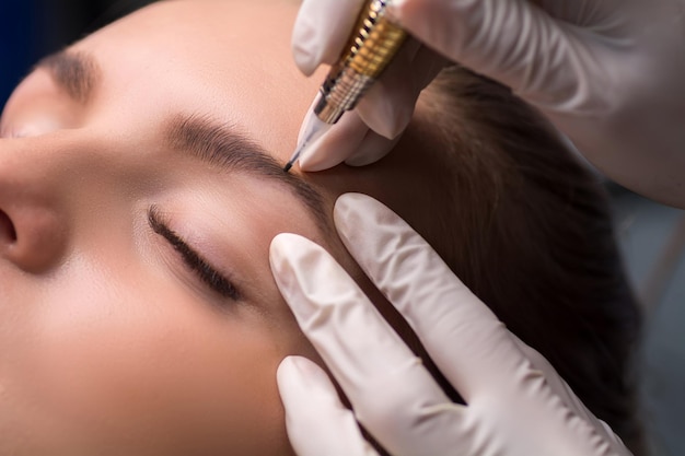 Foto maquiagem de sobrancelha permanente cosmetologista aplicando tatuagem de sobrancelhas