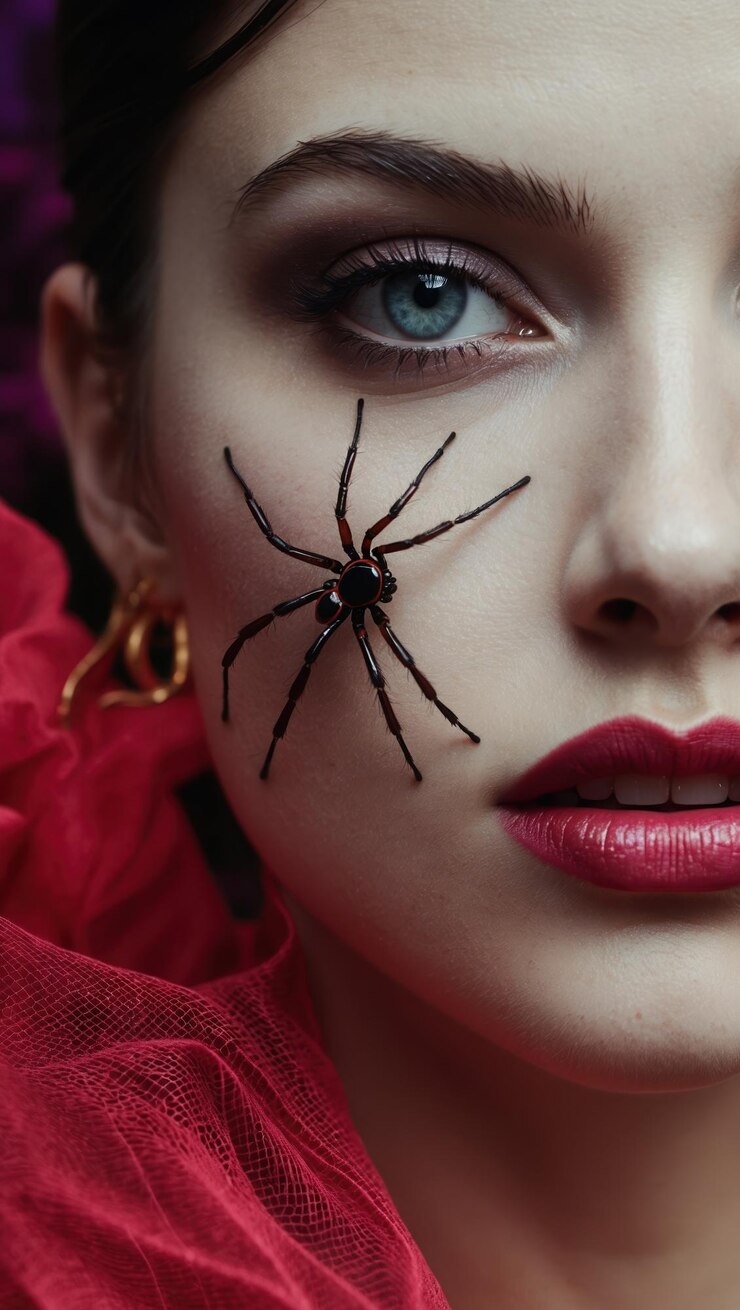 Foto maquiagem dramática com aranha na bochecha