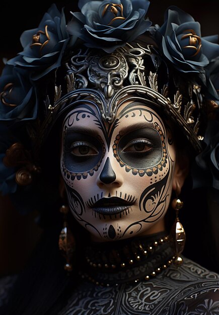 Maquiagem facial de uma mexicana no surrealismo do feriado Dia de los Muertos