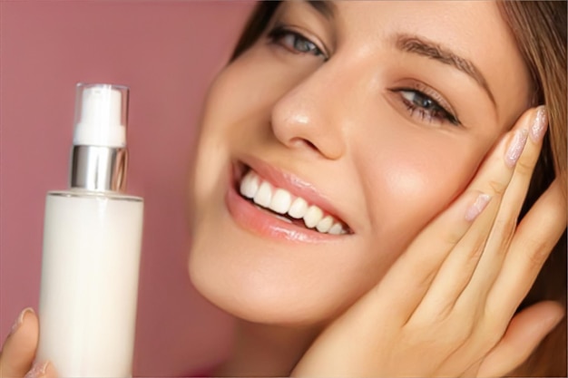 Maquillaje de belleza y cosméticos para el cuidado de la piel modelo cara retrato mujer con cuidado de la piel producto cosmético botella suero limpiador loción o crema hidratante como cuidado facial de lujo