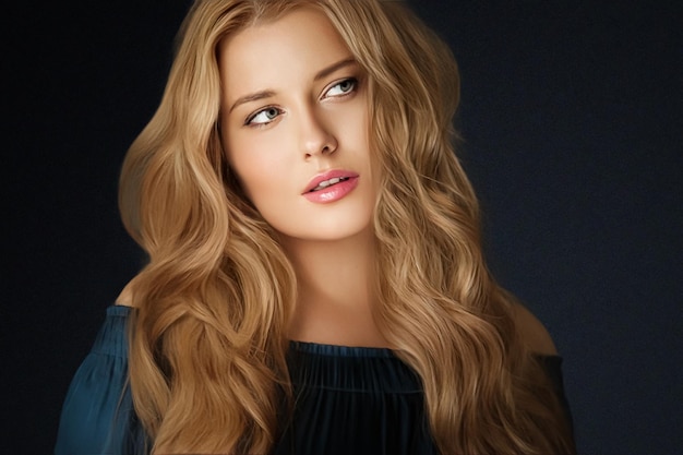 Maquillaje de belleza y cuidado de la piel retrato facial de mujer hermosa con peinado largo sobre fondo negro para cosméticos de lujo, bienestar o moda glamurosa