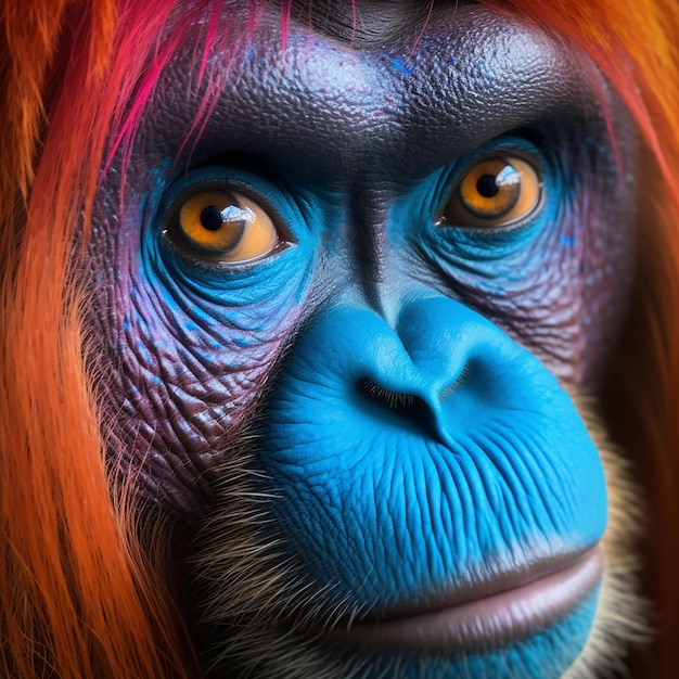 Maquillaje brillante de un mono orangután hembra sombras azules cabello rojo espectacular trabajo de un maquillador