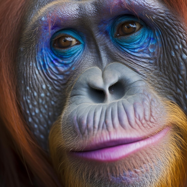 Maquillaje brillante de un mono orangután hembra sombras azules pelo rojo espectacular trabajo de maquillaje