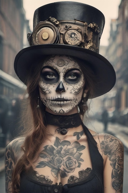 Maquillaje de calavera de azúcar Fiesta de Halloween tradicional carnaval mexicano Santa Muerte Mujer hermosa