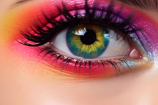 Maquillaje de cerca Vista de cerca del ojo femenino con maquillaje de moda multicolor brillante