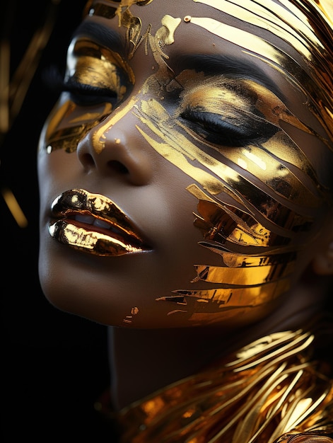 maquillaje dorado en una mujer negra con maquillaje de plata en el estilo de los rayos de sol brillan