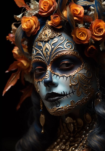 Maquillaje facial de una mujer mexicana en el surrealismo festivo del Día de los Muertos