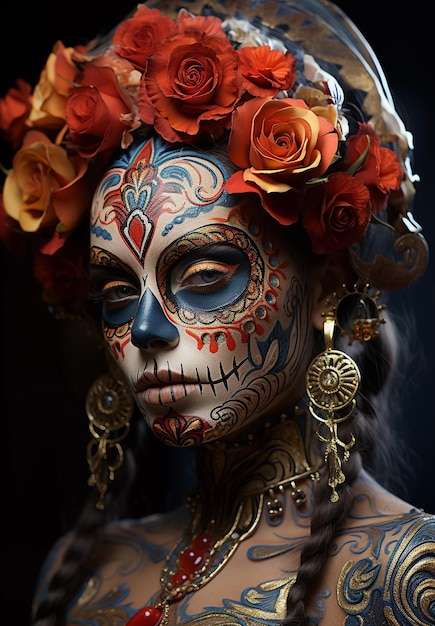 Maquillaje facial de una mujer mexicana en el surrealismo festivo del Día de los Muertos