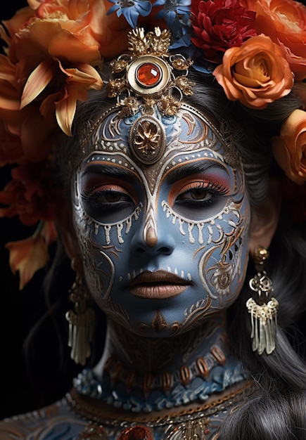 Maquillaje facial de una mujer mexicana en el surrealismo festivo del Día de los Muertos