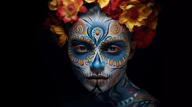 Maquillaje facial de una mujer mexicana en el surrealismo festivo del Día de los Muertos