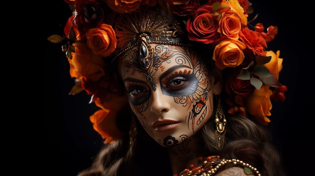 Maquillaje facial de una mujer mexicana en el surrealismo festivo del Día de los Muertos