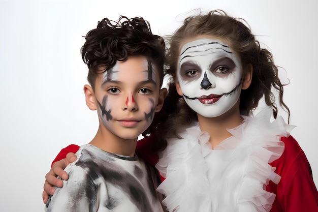 Foto maquillaje de halloween para niños, niño y niña, con fondo blanco generado por inteligencia artificial