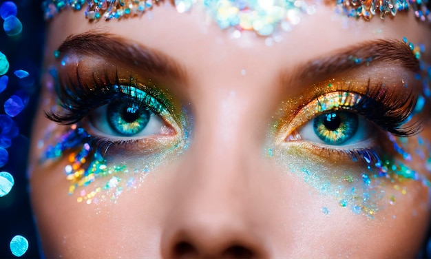 maquillaje multicolor brillante en el rostro de una mujer enfoque selectivo
