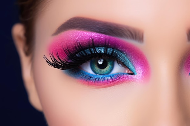 Foto maquillaje de ojos brillante en lujosos tonos azules sombra de ojos de color rosa y azul