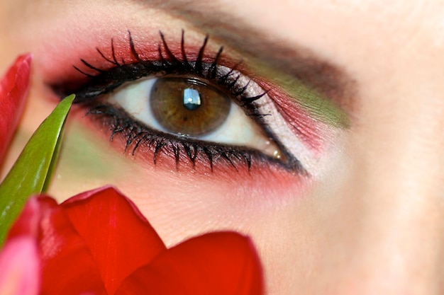 Maquillaje de ojos con sombras rojas y verdes.