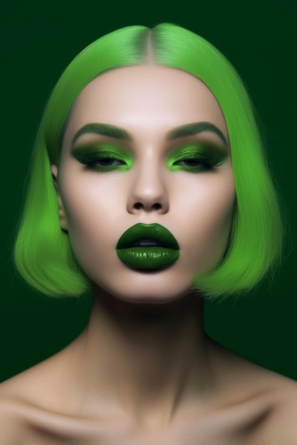 Maquillaje verde con un tono verde y un labial verde oscuro.