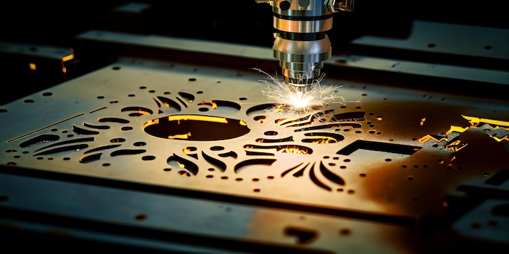 Foto máquina a laser cnc corta uma chapa de metal
