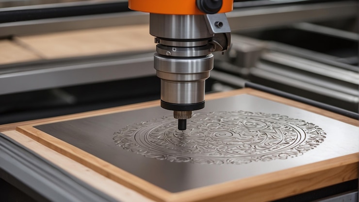 Foto una máquina de alta precisión realiza el grabado artístico de un adorno en una placa de metal