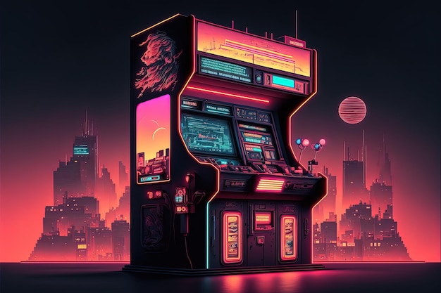 Foto máquina de arcade en el fondo de la ciudad con colores de los años 80 ai