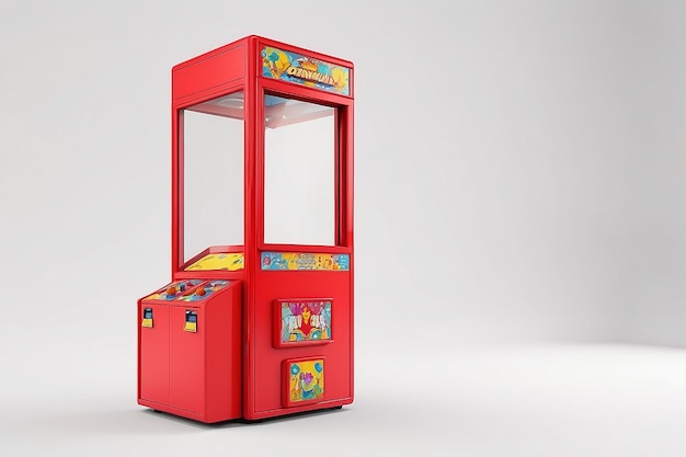 La máquina de arcade de la grúa de la garra de juguete roja del Carnaval en un fondo blanco Rendering 3D