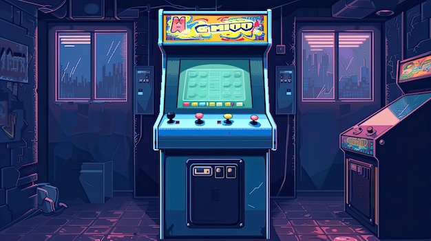 máquina de arcade de píxeles estilo sala de juegos monedas joystick píxeles retro tetris shooter de carreras pinball 8 bits puntuación multijugador generado por IA