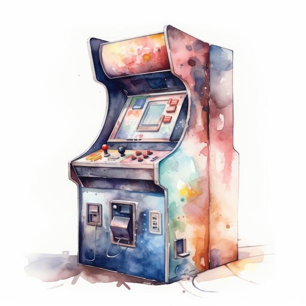 Máquina de arcade vintage sobre un fondo blanco de acuarela