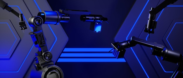 Máquina automática de brazo robótico ai para negocios de fábrica industrial con renderizado de ilustración 3d de fondo futurista
