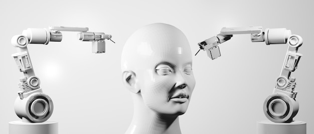 Máquina automática de braço robótico Ai para negócios de fábrica industrial com renderização de ilustração 3d de fundo futurista