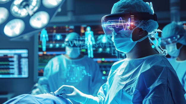 Foto la máquina azul eléctrica transporta a los cirujanos a las salas de operaciones de realidad virtual
