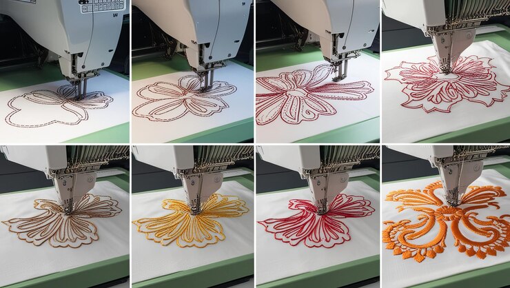 Foto máquina de bordado automatizada para coser diseños florales detallados en la tela