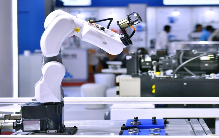 Foto máquina de brazo robótico para proceso de embalaje de rodamientos automotrices en fábrica