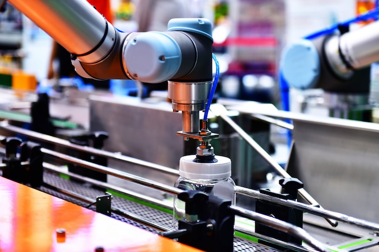 Foto máquina de brazo robotizado en una fábrica.