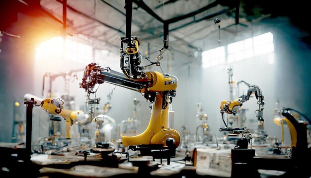 Máquina de brazos robóticos de automatización pesada en el concepto industrial Industry 40 de fábrica inteligente