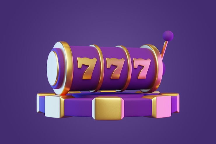 Foto máquina caça-níqueis com ficha de pôquer em um fundo roxo lucky sete símbolo conceito de cassino renderização 3d