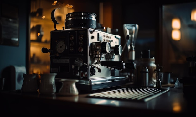 Máquina de café anticuada en el soporte de la barra Tazas y jarras alrededor Fondo borroso IA generativa