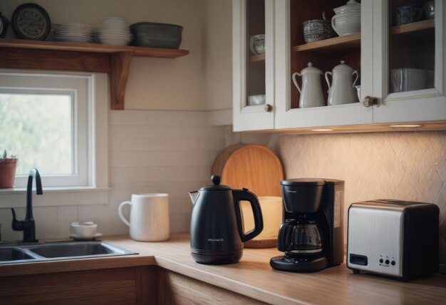 Foto una máquina de café eléctrica de goteo negra con una tetera de vidrio prepara una bebida matutina electrodomésticos una taza blanca y un frasco de frijoles en la mesa de la cocina en la encimera de la casa