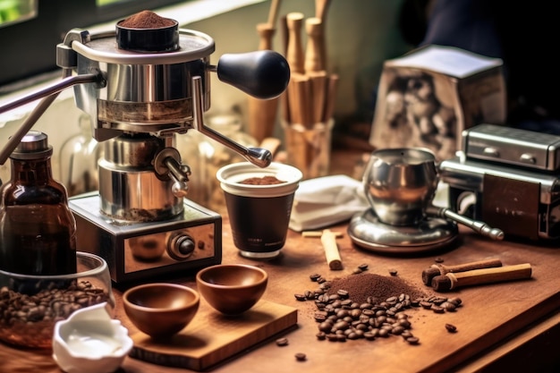 Una máquina de café está en una mesa con otros granos de café y otros productos de café.