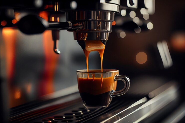 Máquina de café haciendo un capuchino en una taza generativa ai